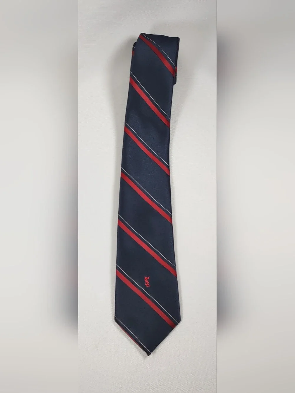 Yves Saint Laurent Vintage YSL Men’s Silk Tie Navy Red Striped Short Necktie